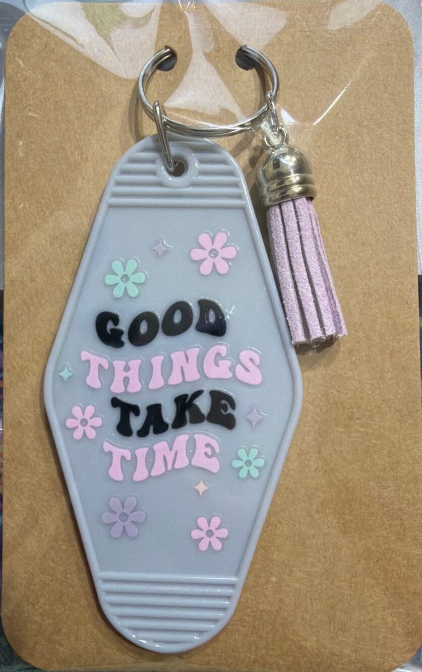 Good Things Take Time Gray & Pink Tassel Vintage Hotel Motel Keychain Handmade